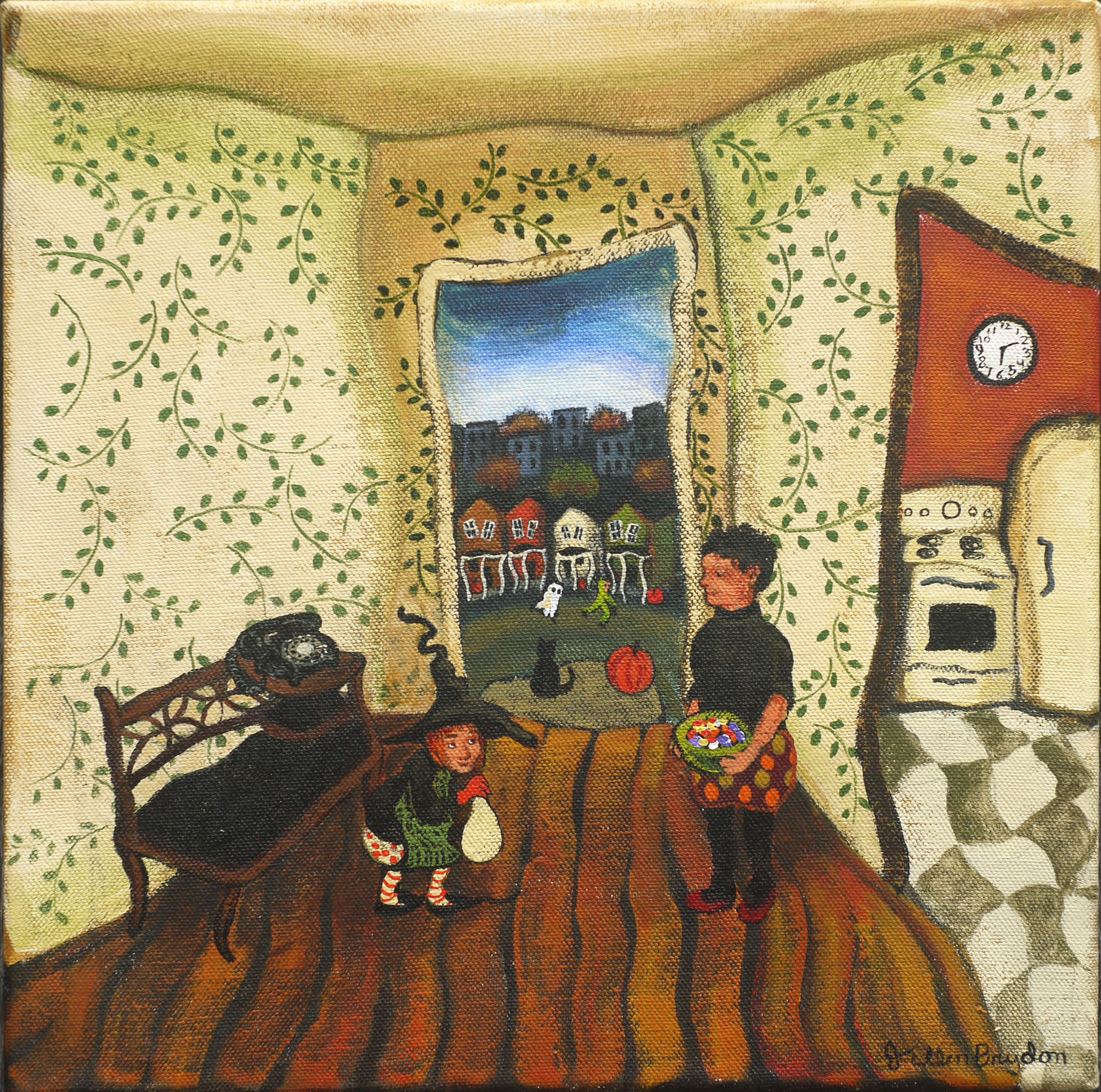 A folk art style painting of a woman holding a candy bowl with a child dressed in a witch costume holding a bag for candy.  They are standing inside the entrance of a home, the door open behind them with a view of the neighbourhood outside, a black cat and a pumpkin on the stoop